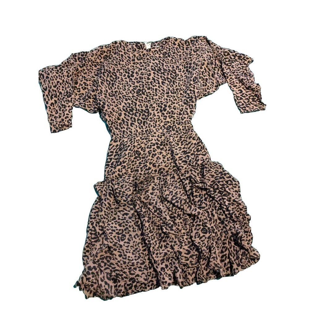 Vintage 1980s Dress Leopard Print Long Sleeve Size Small Ruffled Skirt